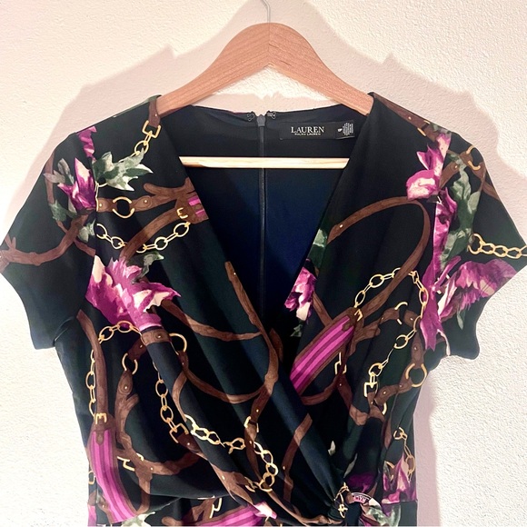 Raplph by Ralph Lauren Surplice Dress Navy Floral Belt Print 10P - Picture 4 of 10